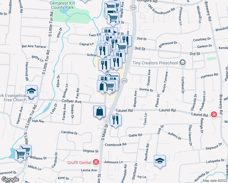 map of restaurants, bars, coffee shops, grocery stores, and more near 280 South Main Street in New City
