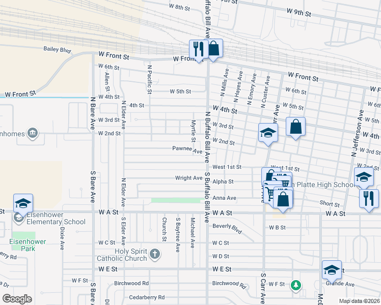 map of restaurants, bars, coffee shops, grocery stores, and more near 2551-2599 Pawnee Avenue in North Platte