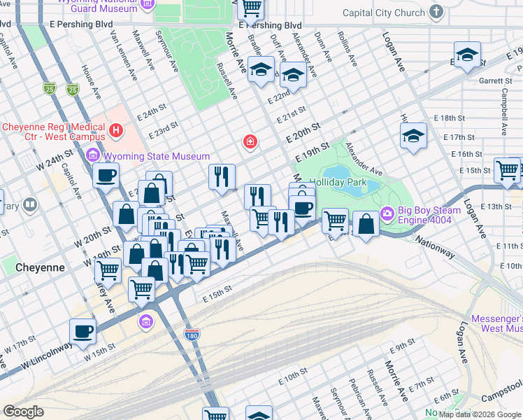 map of restaurants, bars, coffee shops, grocery stores, and more near 711 East 18th Street in Cheyenne