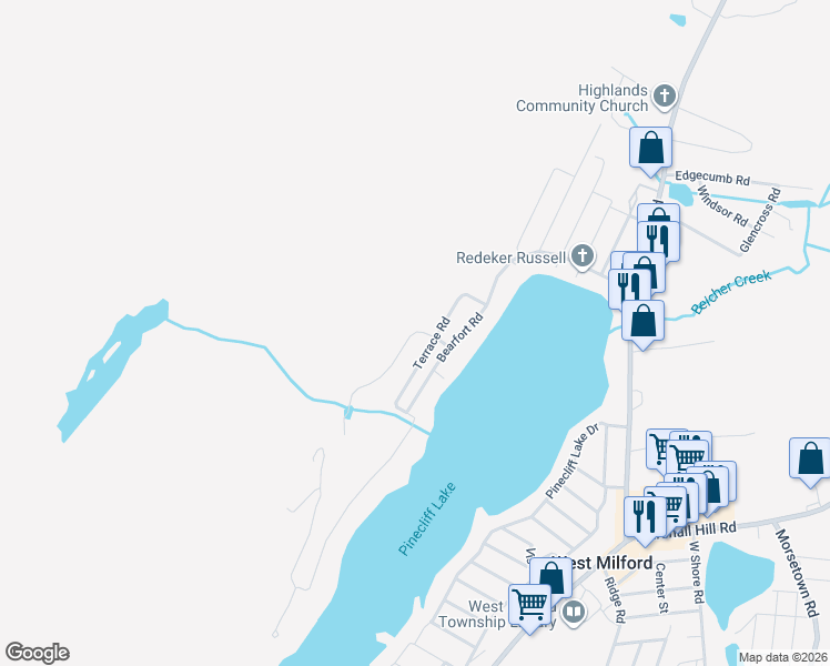 map of restaurants, bars, coffee shops, grocery stores, and more near 16 Cliff Road in West Milford