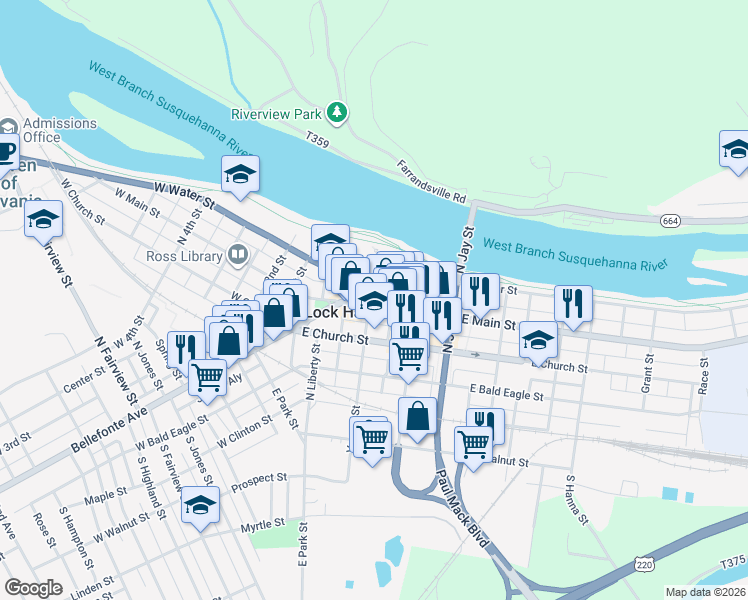 map of restaurants, bars, coffee shops, grocery stores, and more near 121 East Main Street in Lock Haven