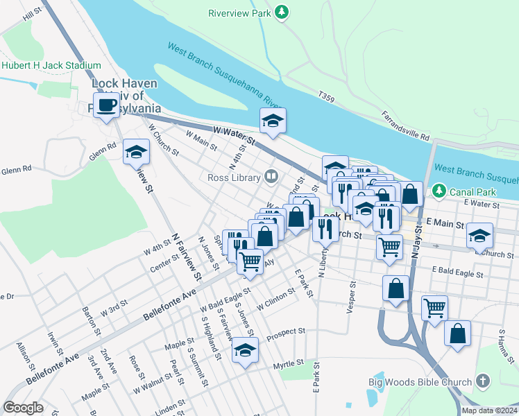map of restaurants, bars, coffee shops, grocery stores, and more near 238 West Church Street in Lock Haven