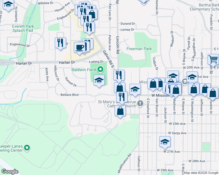 map of restaurants, bars, coffee shops, grocery stores, and more near 1010 Parkway Drive in Bellevue