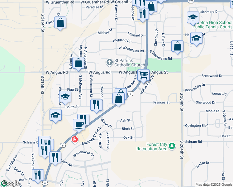 map of restaurants, bars, coffee shops, grocery stores, and more near 220 Bryan Street in Gretna