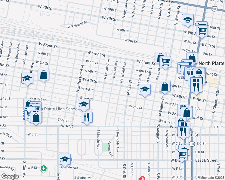 map of restaurants, bars, coffee shops, grocery stores, and more near 923 West 3rd Street in North Platte