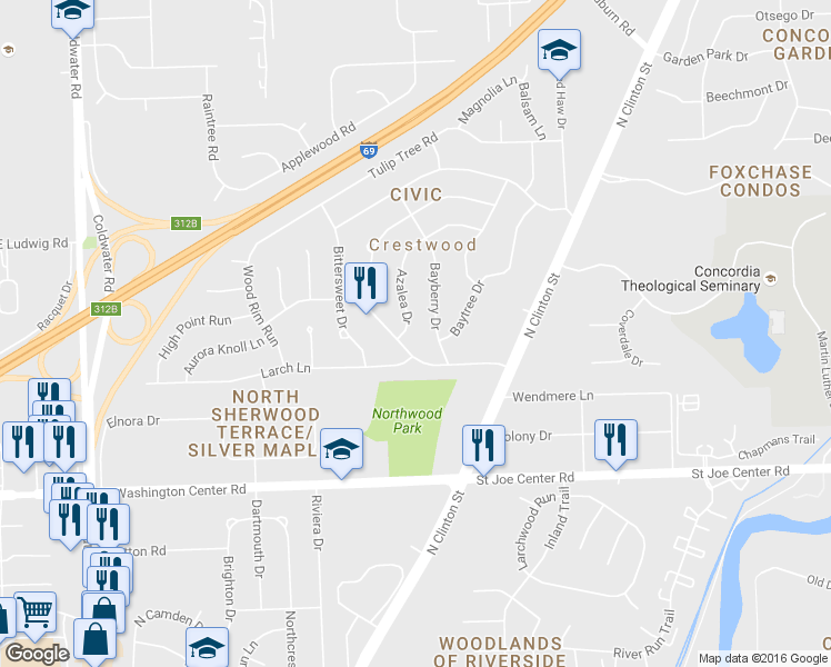 map of restaurants, bars, coffee shops, grocery stores, and more near 6416 Azalea Dr in Fort Wayne