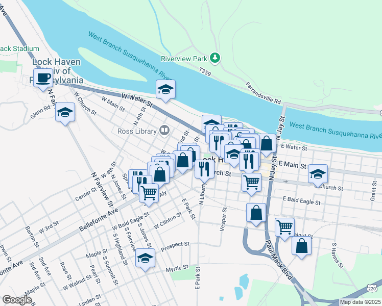 map of restaurants, bars, coffee shops, grocery stores, and more near 137 1st Street in Lock Haven