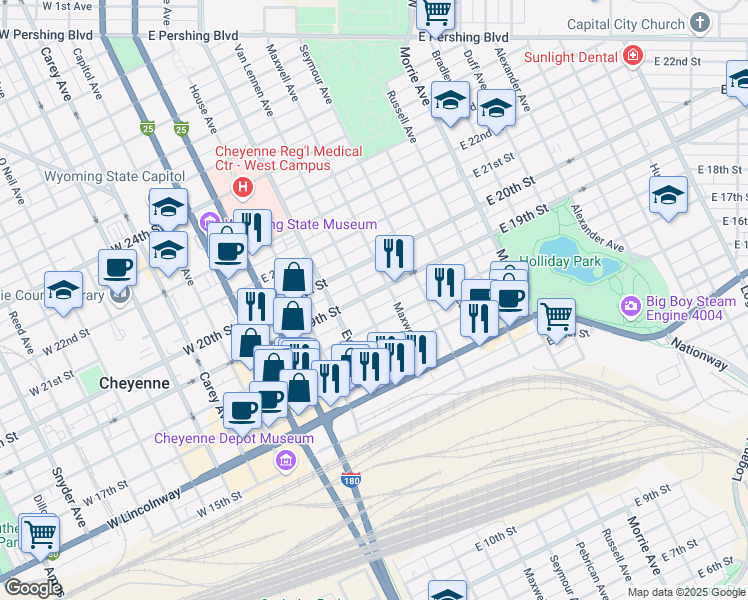 map of restaurants, bars, coffee shops, grocery stores, and more near 507 East 19th Street in Cheyenne