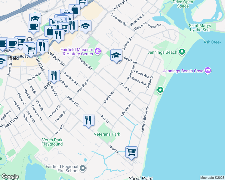 map of restaurants, bars, coffee shops, grocery stores, and more near 394 Penfield Road in Fairfield