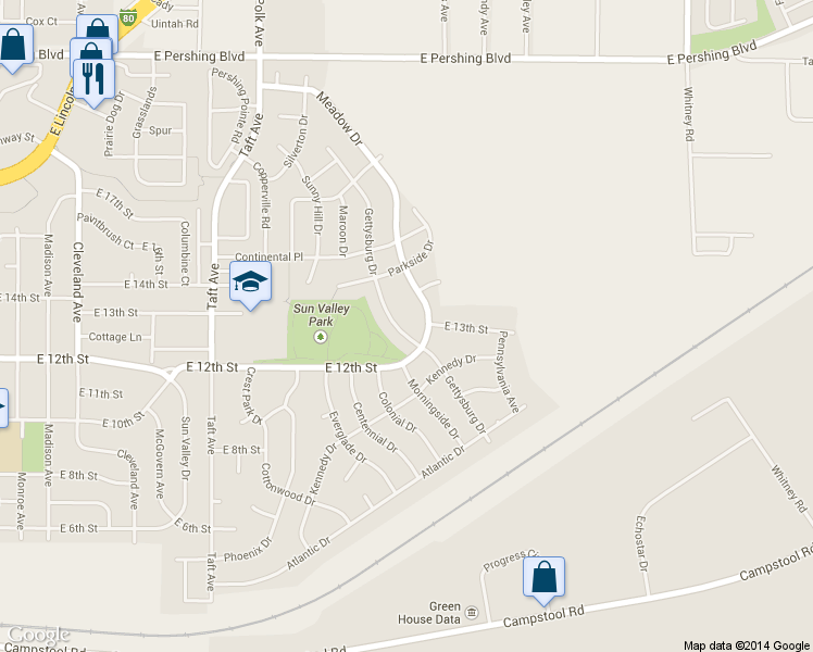 map of restaurants, bars, coffee shops, grocery stores, and more near 1323 Gettysburg Dr in Cheyenne