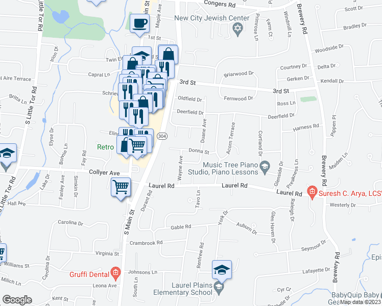 map of restaurants, bars, coffee shops, grocery stores, and more near 12 Donna Street in New City