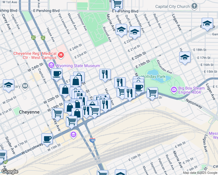 map of restaurants, bars, coffee shops, grocery stores, and more near 608 East 18th Street in Cheyenne