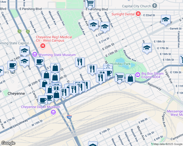 map of restaurants, bars, coffee shops, grocery stores, and more near 711 East 18th Street in Cheyenne