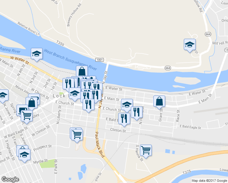 map of restaurants, bars, coffee shops, grocery stores, and more near 344 East Water Street in Lock Haven