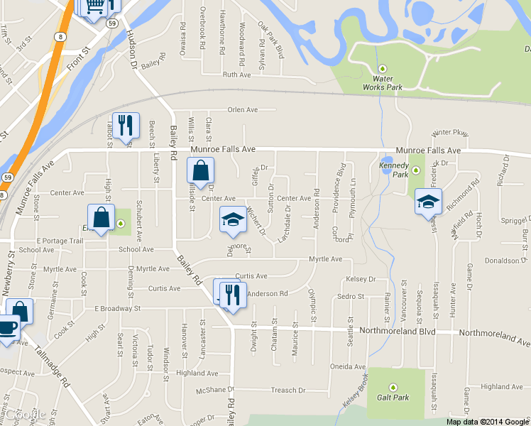map of restaurants, bars, coffee shops, grocery stores, and more near 2210 Sutton Drive in Cuyahoga Falls