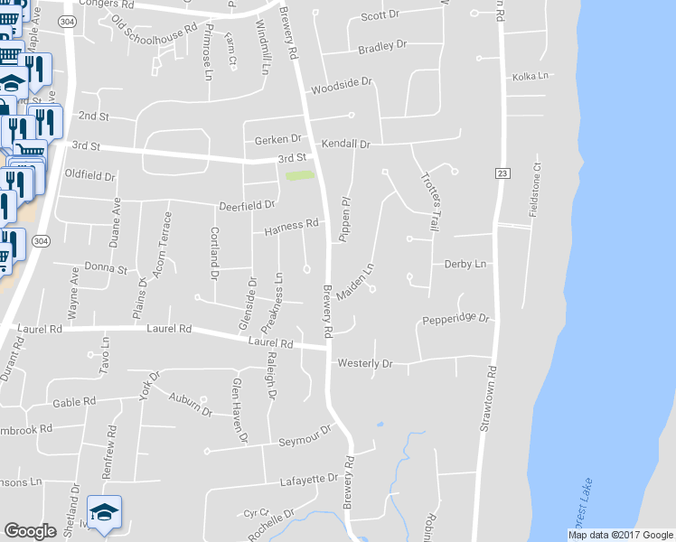 map of restaurants, bars, coffee shops, grocery stores, and more near 144 Brewery Road in New City