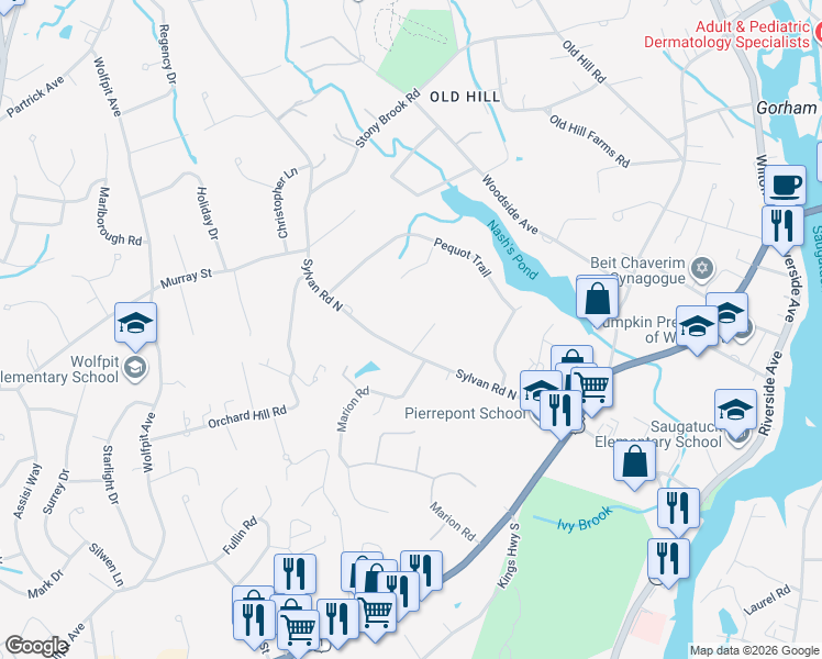 map of restaurants, bars, coffee shops, grocery stores, and more near 50 Sylvan Road North in Westport