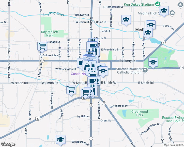 map of restaurants, bars, coffee shops, grocery stores, and more near 236 South Court Street in Medina
