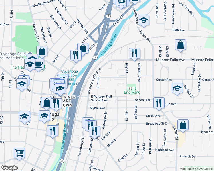 map of restaurants, bars, coffee shops, grocery stores, and more near 449 Jackson Street in Cuyahoga Falls