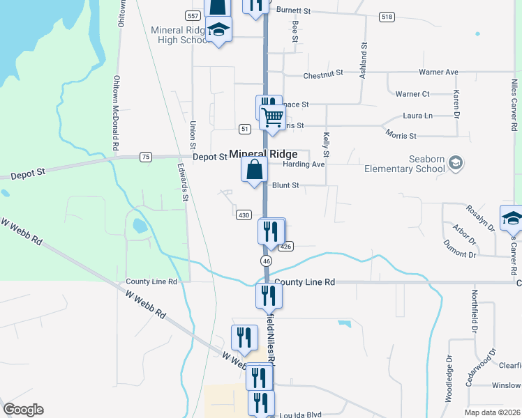 map of restaurants, bars, coffee shops, grocery stores, and more near 3872 S Main St in Mineral Ridge