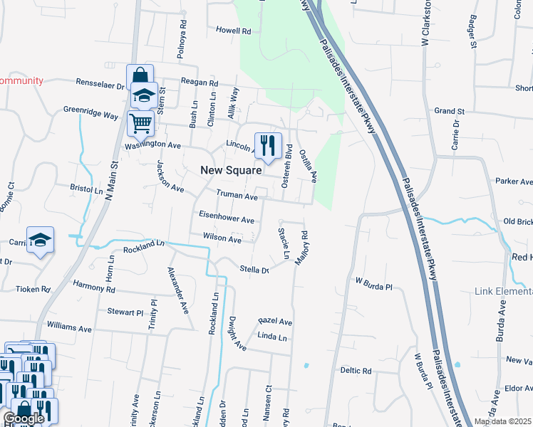 map of restaurants, bars, coffee shops, grocery stores, and more near 86 North Garfield Road in New Square