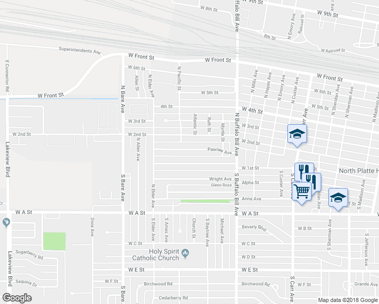 map of restaurants, bars, coffee shops, grocery stores, and more near 2806 Pawnee Avenue in North Platte