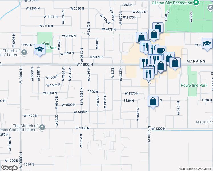 map of restaurants, bars, coffee shops, grocery stores, and more near 1638 North 2340 West in Clinton