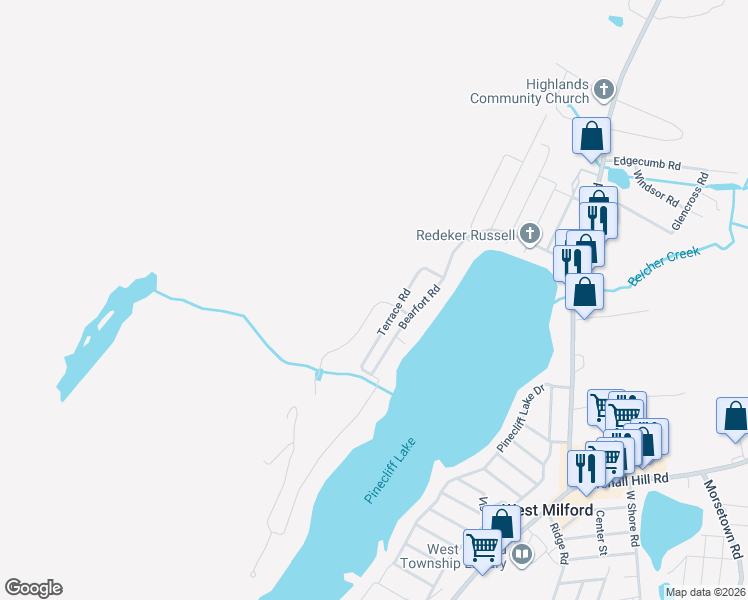 map of restaurants, bars, coffee shops, grocery stores, and more near 16 Cliff Road in West Milford