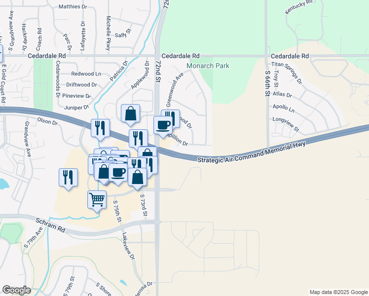 map of restaurants, bars, coffee shops, grocery stores, and more near 1519 Papillion Drive in Papillion