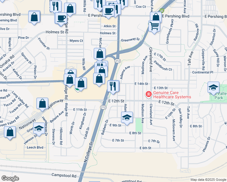 map of restaurants, bars, coffee shops, grocery stores, and more near 1308 Diamond Avenue in Cheyenne