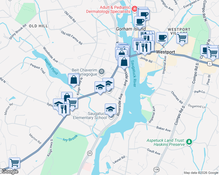 map of restaurants, bars, coffee shops, grocery stores, and more near 8 Lincoln Street in Westport