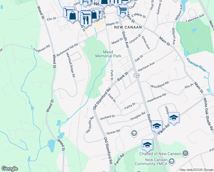 map of restaurants, bars, coffee shops, grocery stores, and more near 24 Park Lane in New Canaan