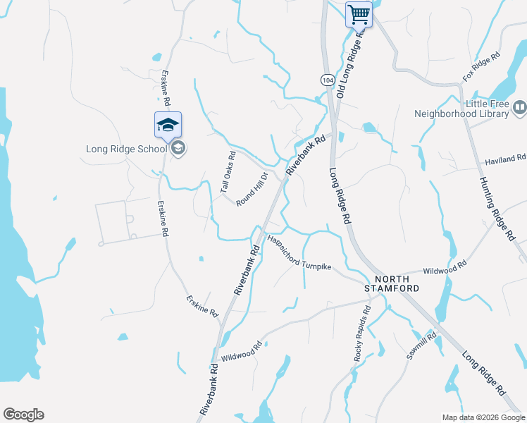 map of restaurants, bars, coffee shops, grocery stores, and more near 1431 Riverbank Road in Stamford