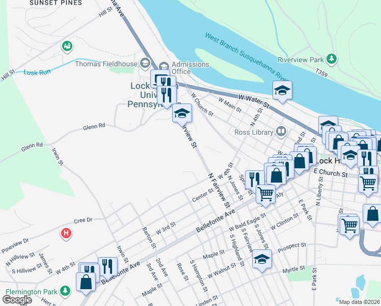 map of restaurants, bars, coffee shops, grocery stores, and more near 171 North Fairview Street in Lock Haven
