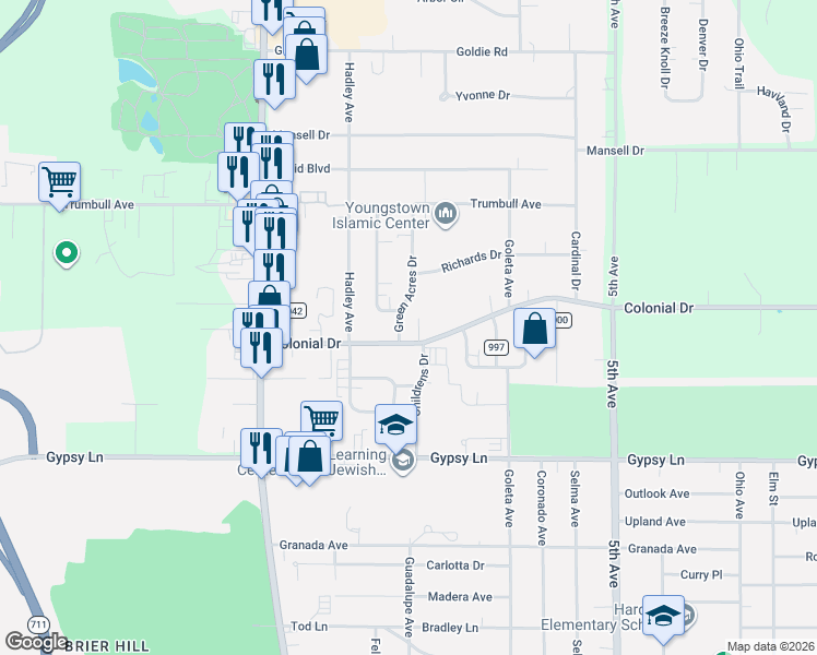 map of restaurants, bars, coffee shops, grocery stores, and more near 3001 Green Acres Drive in Youngstown