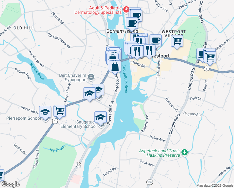 map of restaurants, bars, coffee shops, grocery stores, and more near 79 Riverside Avenue in Westport