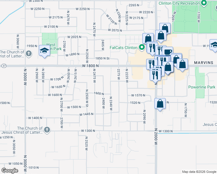 map of restaurants, bars, coffee shops, grocery stores, and more near 1631 North 2340 West in Clinton