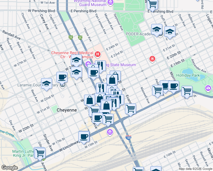 map of restaurants, bars, coffee shops, grocery stores, and more near in Cheyenne