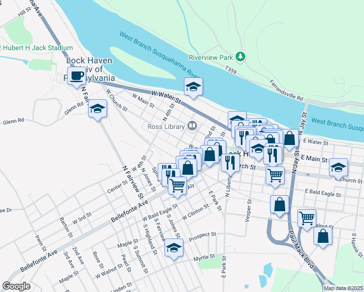 map of restaurants, bars, coffee shops, grocery stores, and more near 238 West Church Street in Lock Haven