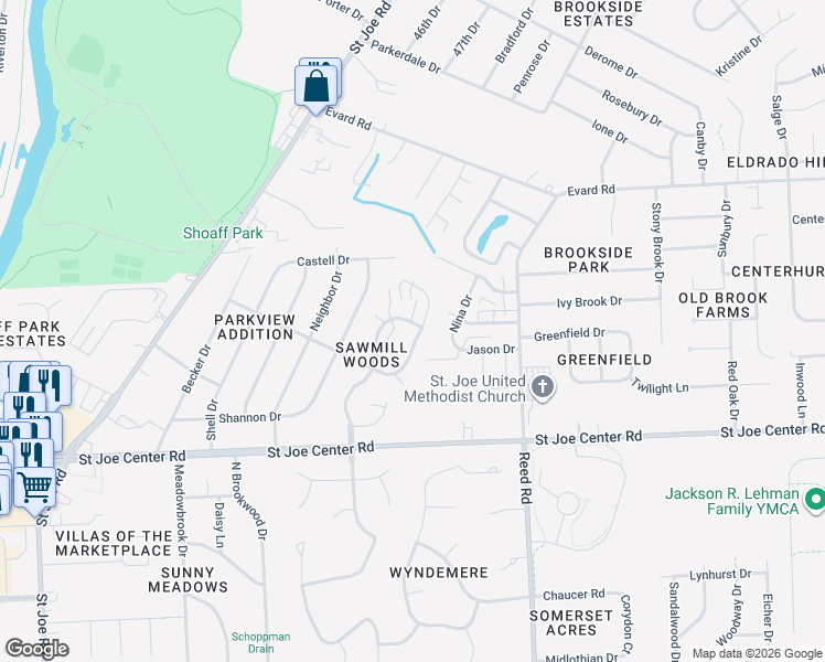 map of restaurants, bars, coffee shops, grocery stores, and more near 6217 Crofton Drive in Fort Wayne