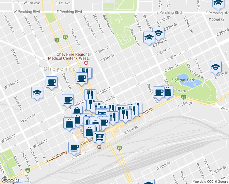 map of restaurants, bars, coffee shops, grocery stores, and more near 1911 Evans Avenue in Cheyenne