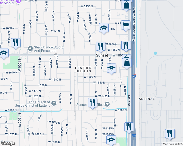 map of restaurants, bars, coffee shops, grocery stores, and more near 1637 North 300 West in Sunset