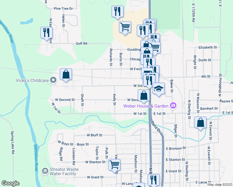 map of restaurants, bars, coffee shops, grocery stores, and more near 1507 Kelly Street in Streator