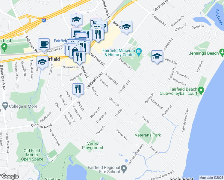 map of restaurants, bars, coffee shops, grocery stores, and more near 157 Smith Street in Fairfield