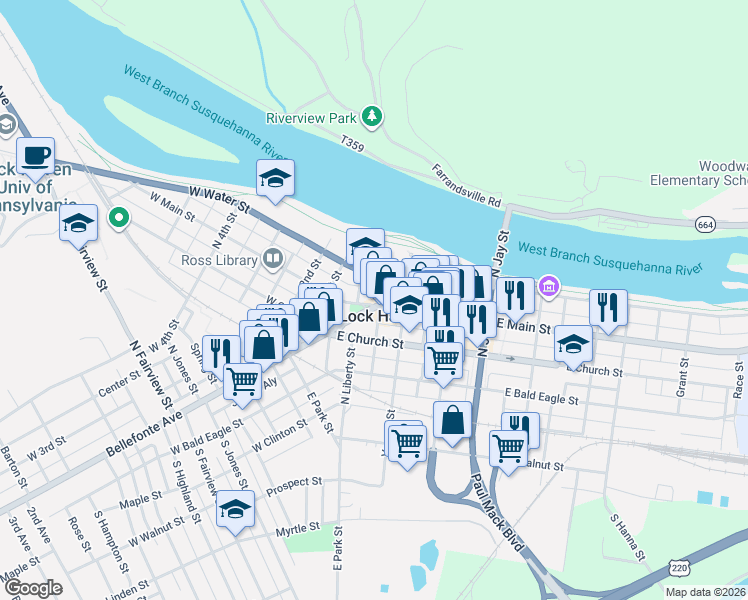 map of restaurants, bars, coffee shops, grocery stores, and more near in Lock Haven