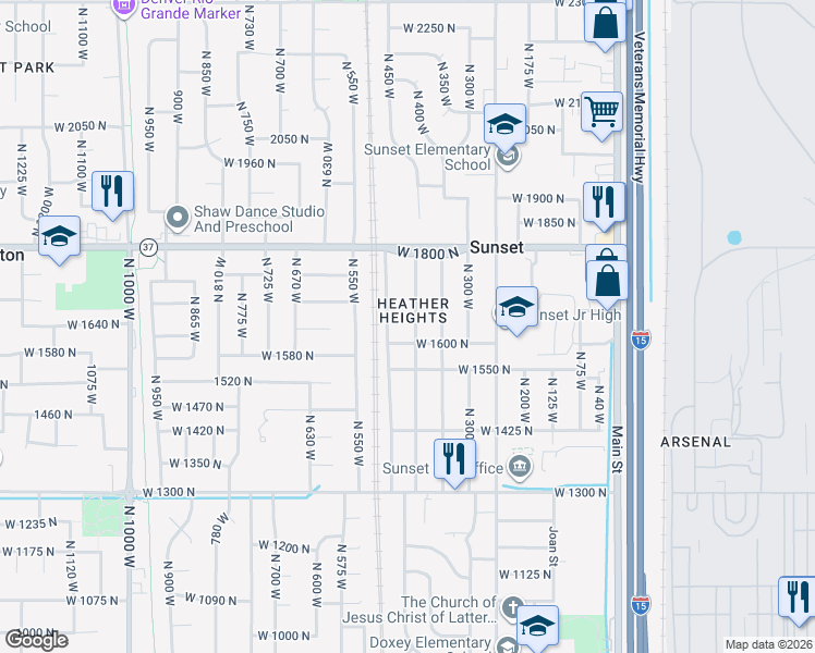 map of restaurants, bars, coffee shops, grocery stores, and more near 1632 North 475 West in Sunset