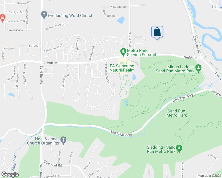 map of restaurants, bars, coffee shops, grocery stores, and more near 605 Hampton Ridge Drive in Akron