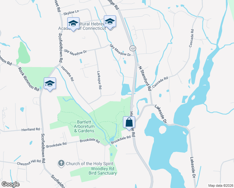 map of restaurants, bars, coffee shops, grocery stores, and more near 45 Cousins Road in Stamford