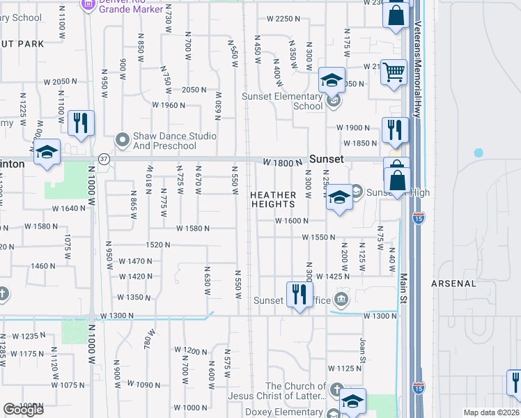 map of restaurants, bars, coffee shops, grocery stores, and more near 1632 North 475 West in Sunset