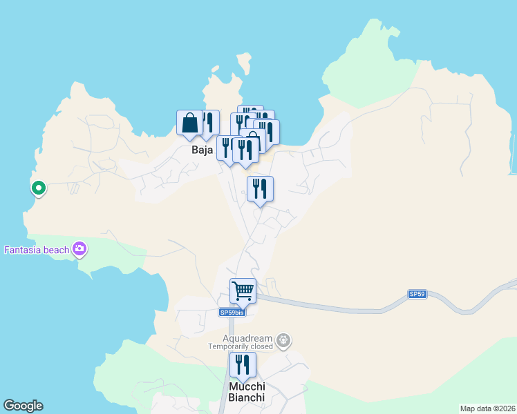 map of restaurants, bars, coffee shops, grocery stores, and more near 101 Strada dei Pini in Baja Sardinia
